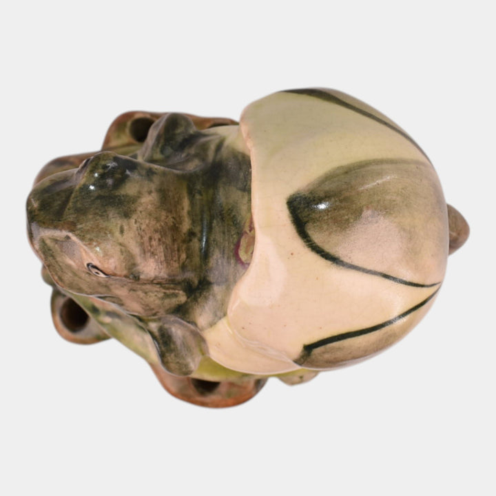 Weller Muskota 1920s Vintage Art Pottery Green Ceramic Frog In Lily Flower Frog - Just Art Pottery
