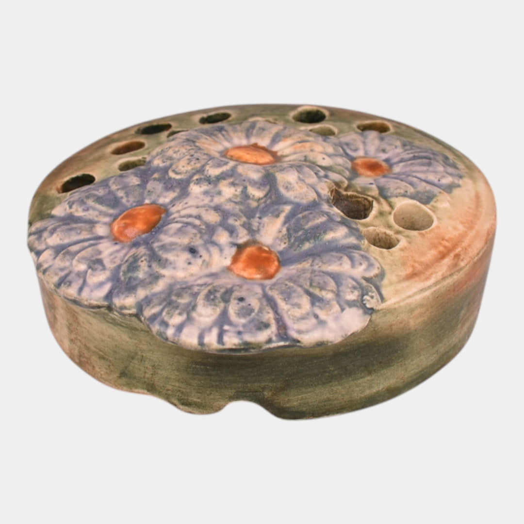 Weller Muskota 1920s Vintage Art Pottery Green Ceramic Blue Daisy Flower Frog - Just Art Pottery