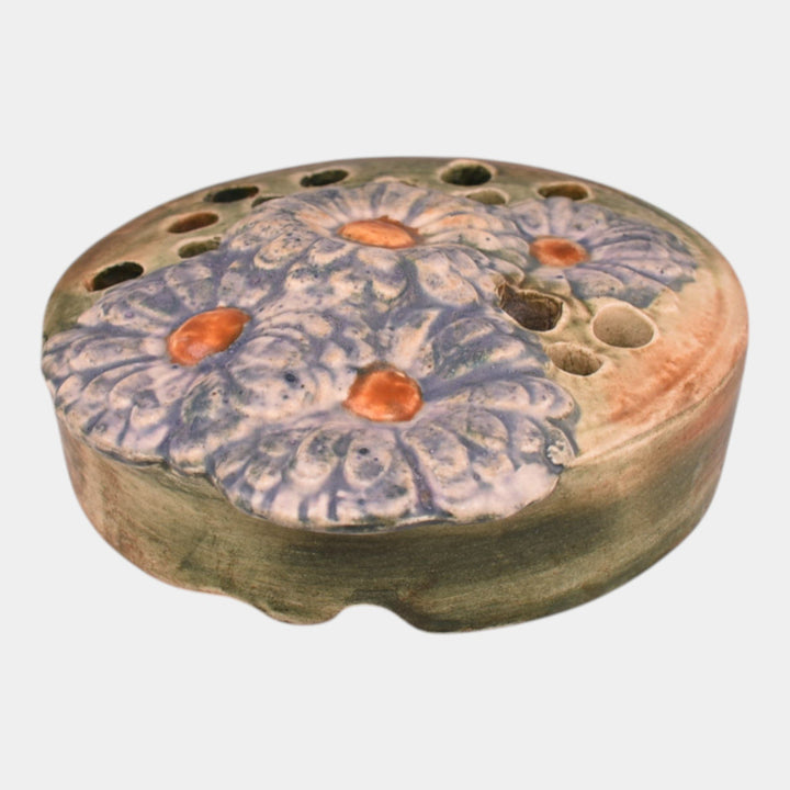 Weller Muskota 1920s Vintage Art Pottery Green Ceramic Blue Daisy Flower Frog - Just Art Pottery