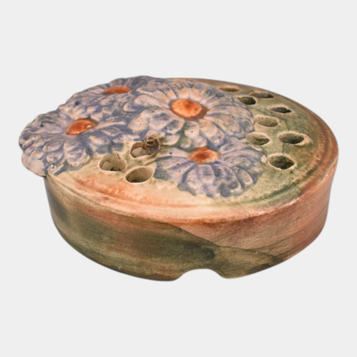 Weller Muskota 1920s Vintage Art Pottery Green Ceramic Blue Daisy Flower Frog - Just Art Pottery