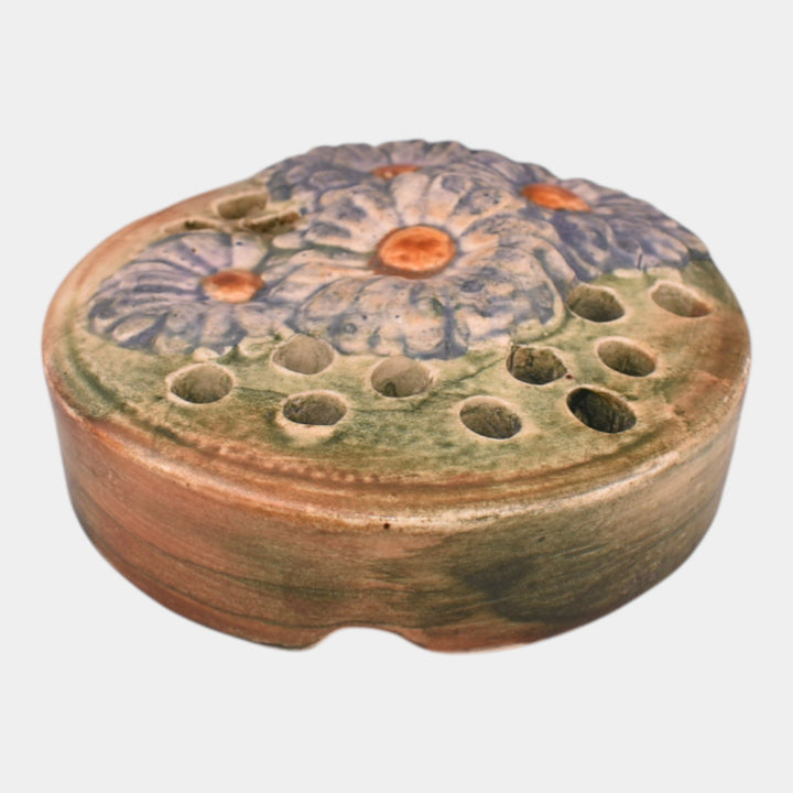 Weller Muskota 1920s Vintage Art Pottery Green Ceramic Blue Daisy Flower Frog - Just Art Pottery