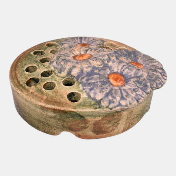Weller Muskota 1920s Vintage Art Pottery Green Ceramic Blue Daisy Flower Frog - Just Art Pottery