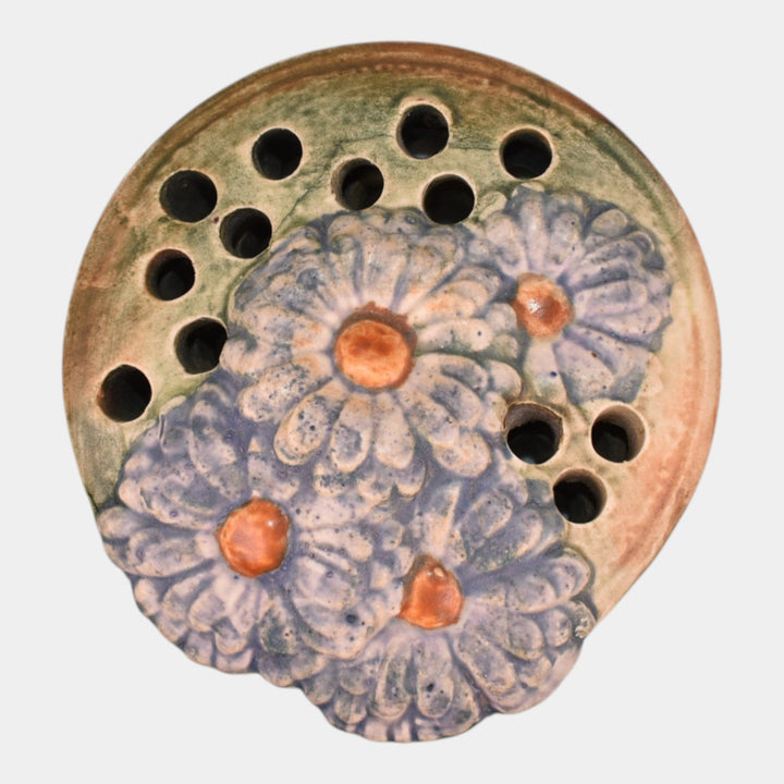 Weller Muskota 1920s Vintage Art Pottery Green Ceramic Blue Daisy Flower Frog - Just Art Pottery