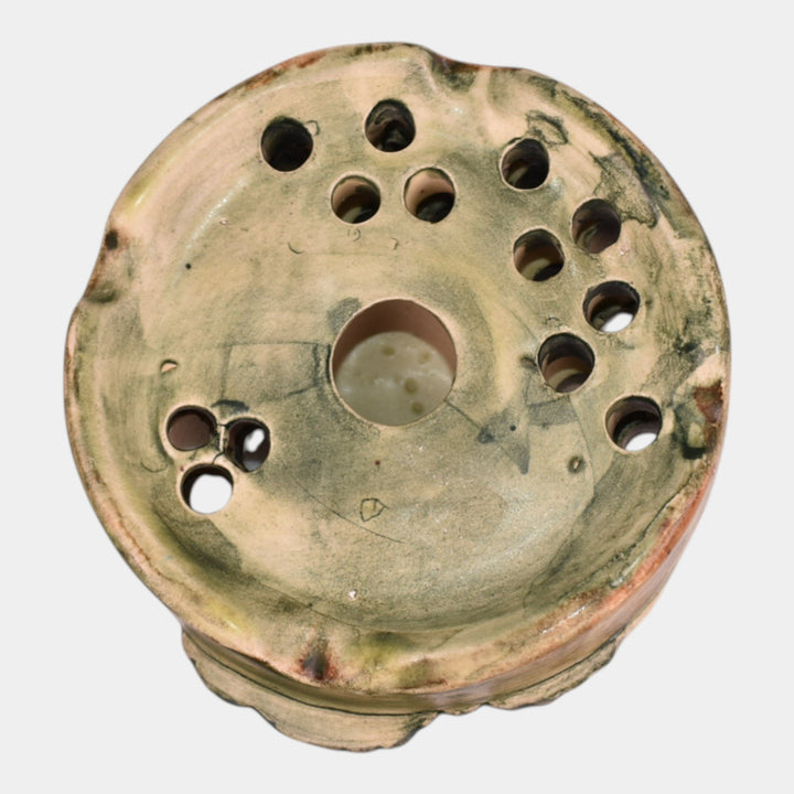 Weller Muskota 1920s Vintage Art Pottery Green Ceramic Blue Daisy Flower Frog - Just Art Pottery