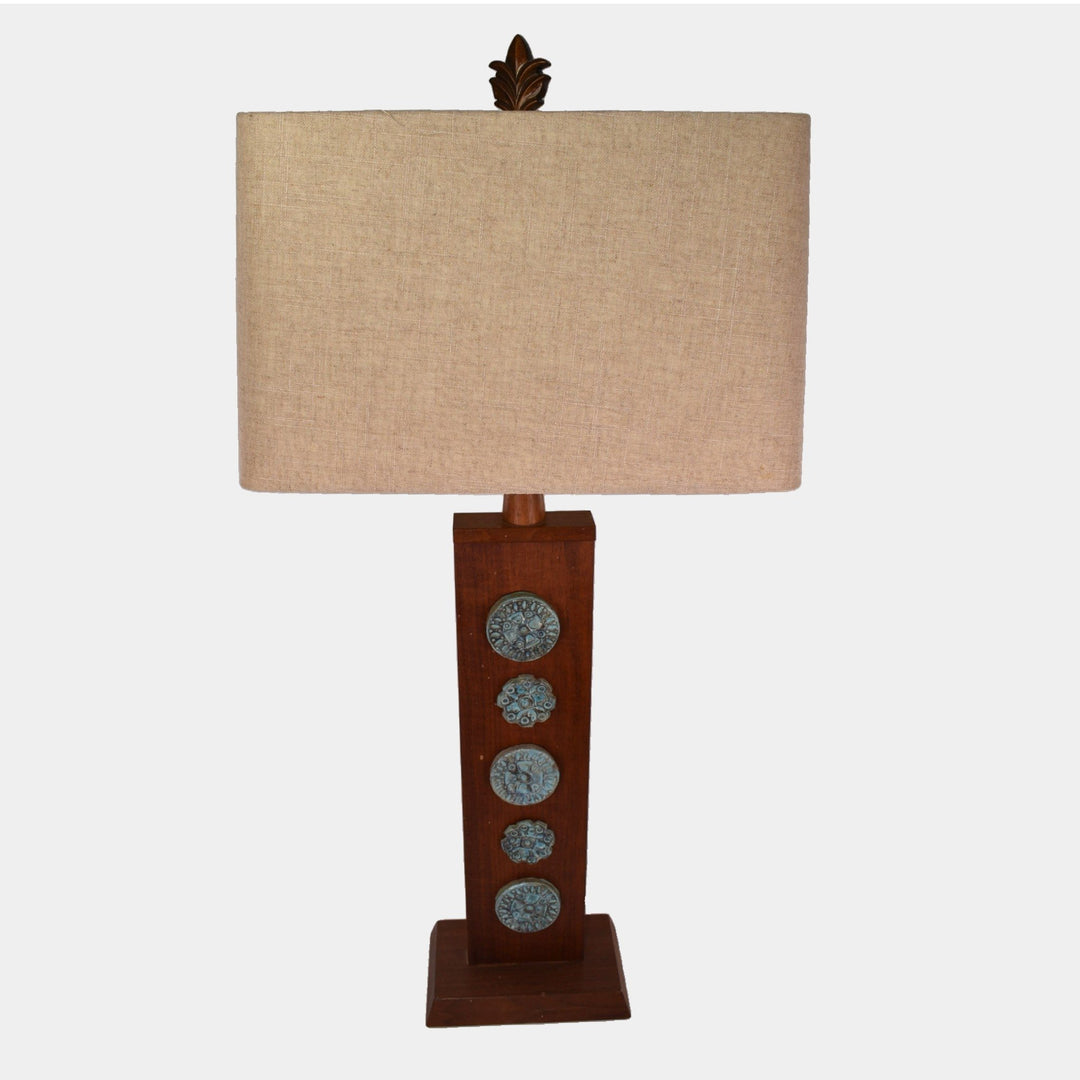 Harris Strong Vintage Mid Century Modern Pottery Tea Wood Medallion Lamp - Just Art Pottery