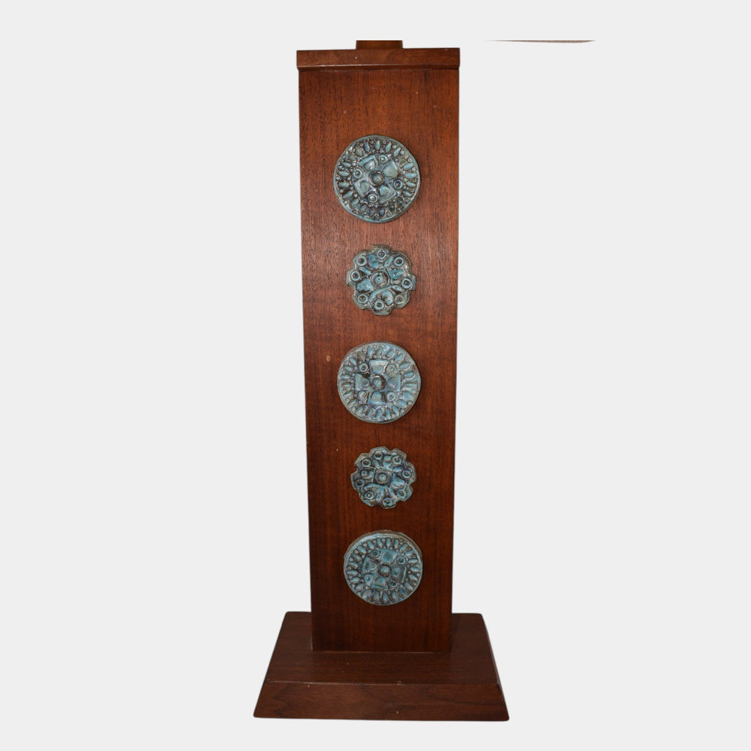Harris Strong Vintage Mid Century Modern Pottery Tea Wood Medallion Lamp - Just Art Pottery