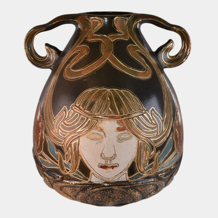 Owens Henri Deux 1900s Art Nouveau Pottery Handled Gold Matte Brown Woman Vase - Just Art Pottery