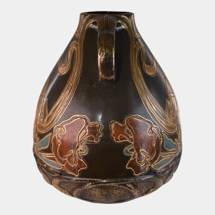 Owens Henri Deux 1900s Art Nouveau Pottery Handled Gold Matte Brown Woman Vase - Just Art Pottery