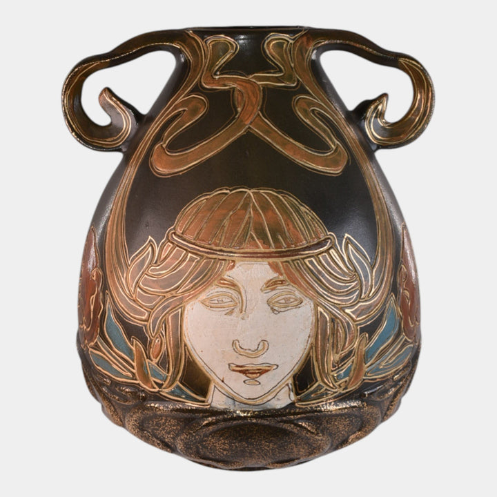 Owens Henri Deux 1900s Art Nouveau Pottery Handled Gold Matte Brown Woman Vase - Just Art Pottery