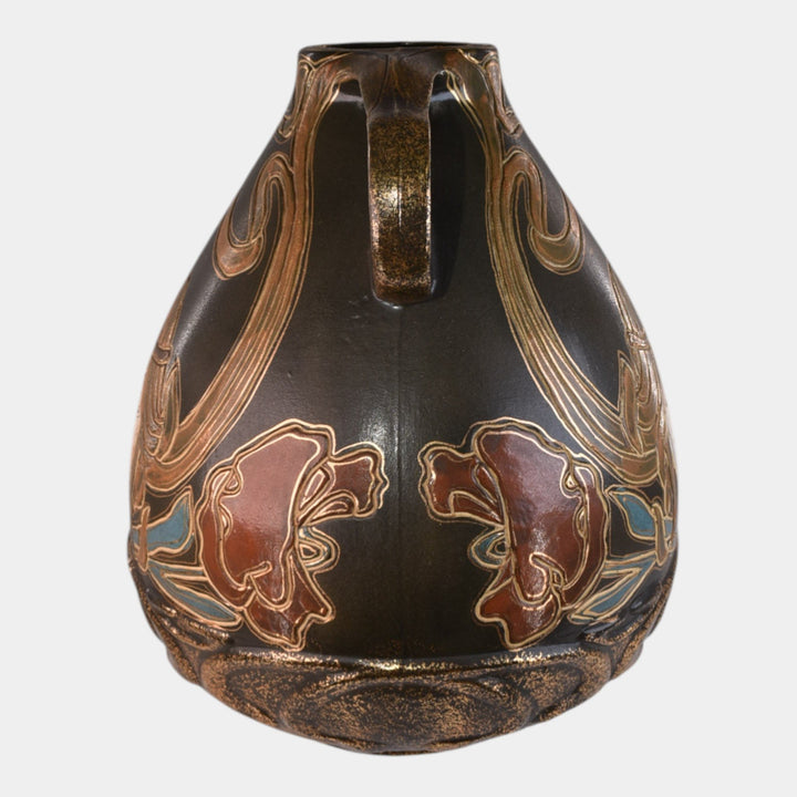 Owens Henri Deux 1900s Art Nouveau Pottery Handled Gold Matte Brown Woman Vase - Just Art Pottery