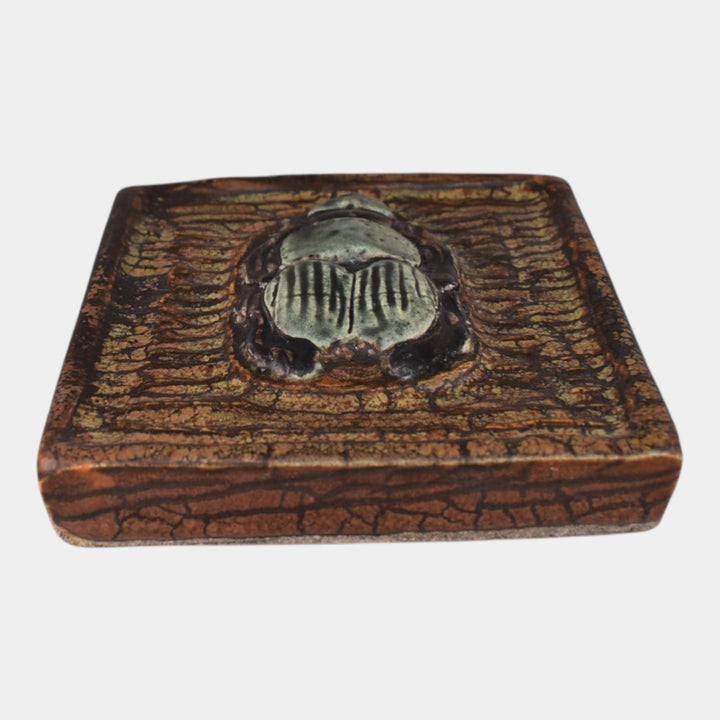 Ephraim Faience 2023 Art Pottery Brown Scarab Beetle Tile With Oak Stand