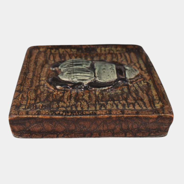 Ephraim Faience 2023 Art Pottery Brown Scarab Beetle Tile With Oak Stand