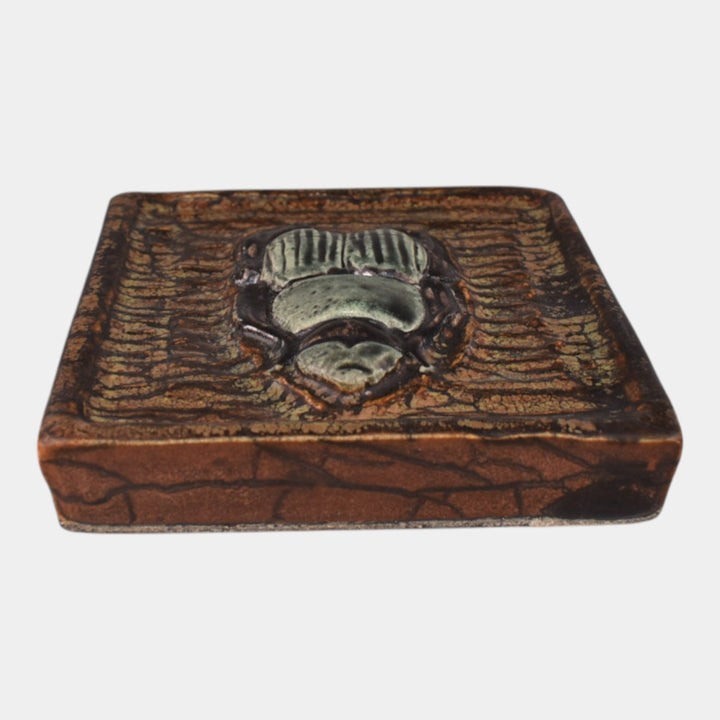 Ephraim Faience 2023 Art Pottery Brown Scarab Beetle Tile With Oak Stand