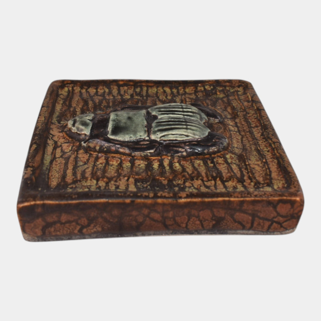 Ephraim Faience 2023 Art Pottery Brown Scarab Beetle Tile With Oak Stand