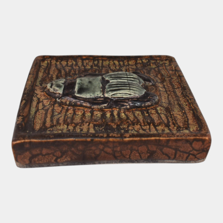 Ephraim Faience 2023 Art Pottery Brown Scarab Beetle Tile With Oak Stand