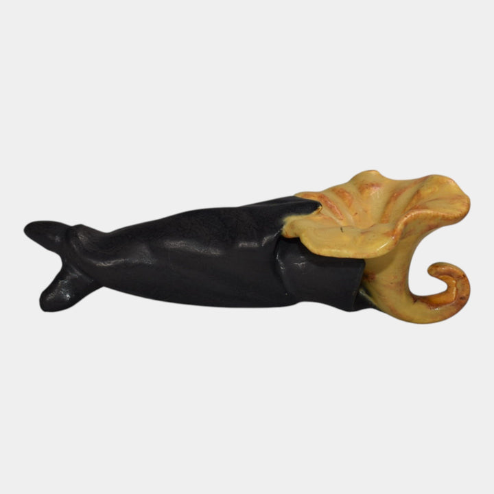 Ephraim Faience Pottery Black Yellow Bat On Morning Glory Halloween Ornament