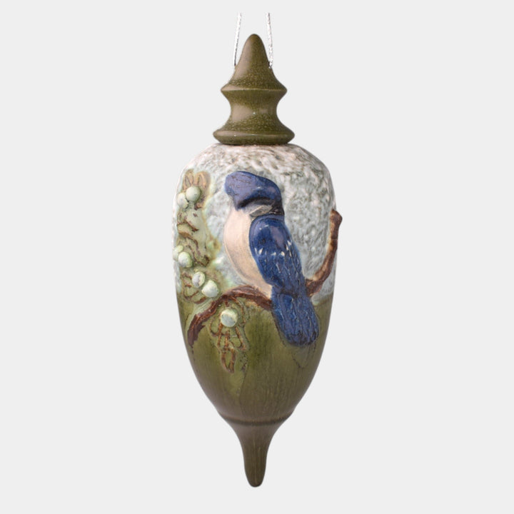 Ephraim Faience Hand Made Pottery Green Ceramic Blue Jay Bird Ornament - Just Art Pottery