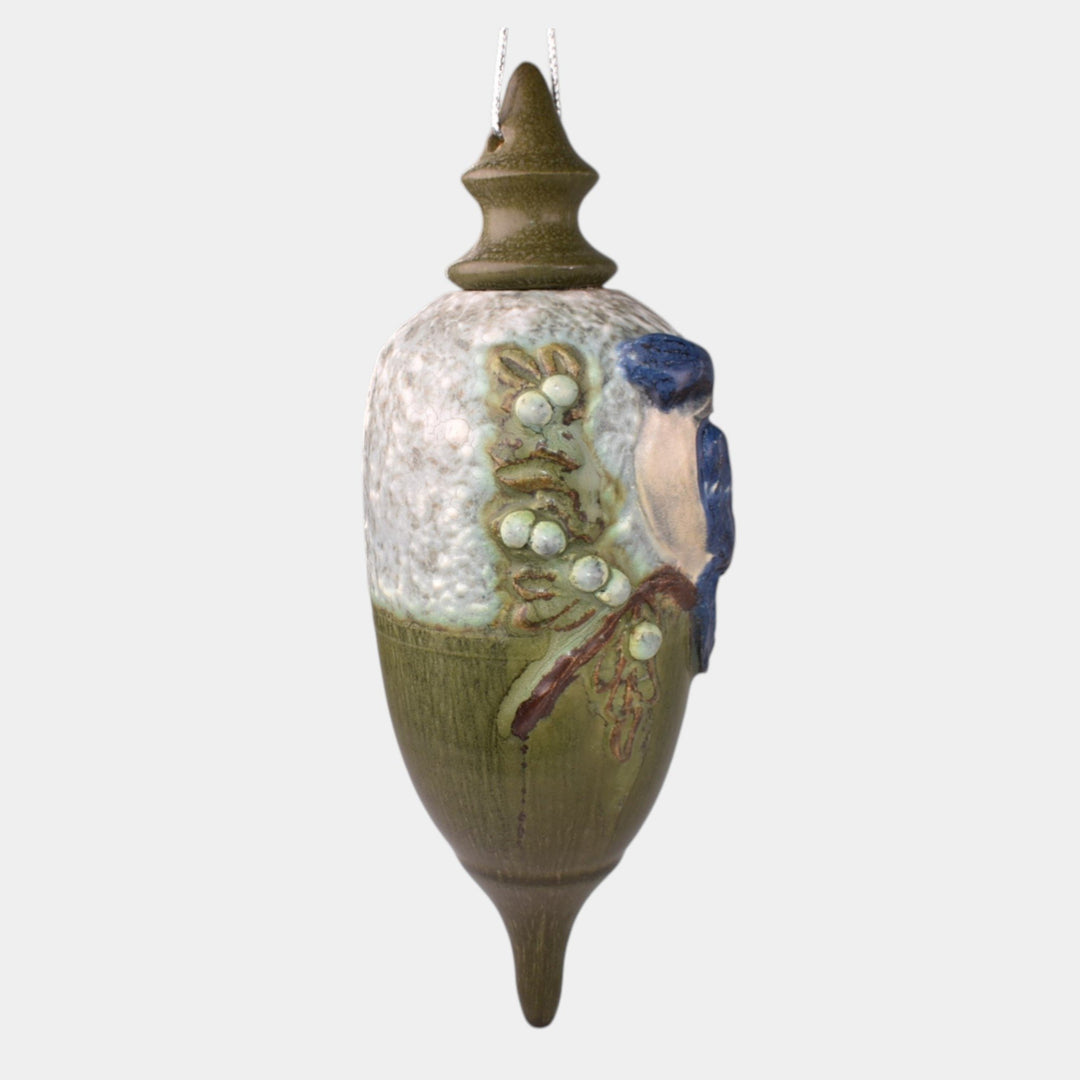 Ephraim Faience Hand Made Pottery Green Ceramic Blue Jay Bird Ornament - Just Art Pottery