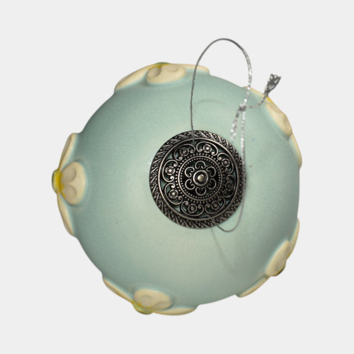 Ephraim Faience Pottery Blue Ceramic Loves Me Christmas Ornament - Just Art Pottery