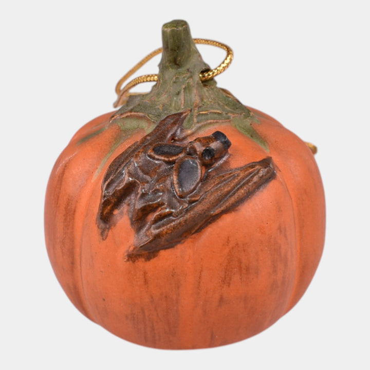 Ephraim Faience 2019 Experimental Pottery Orange Pumpkin Bat Halloween Ornament