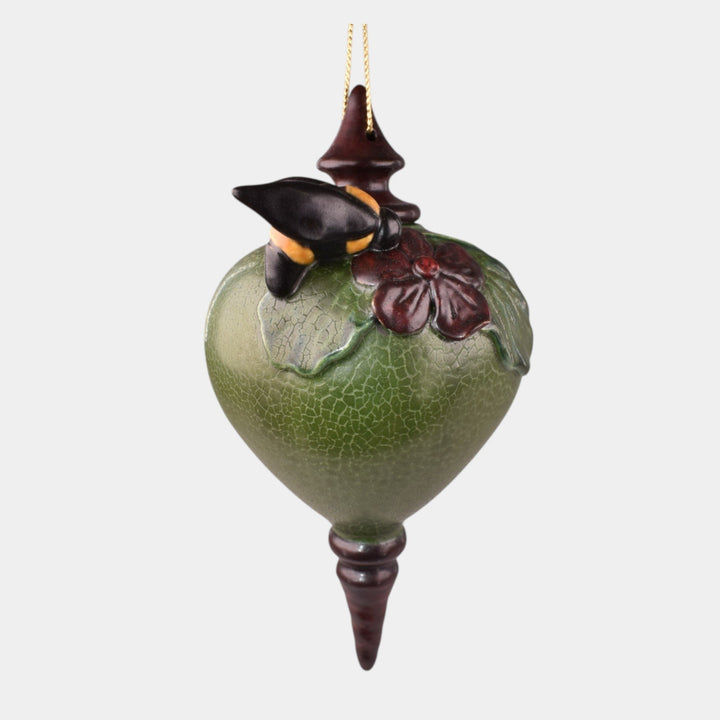 Ephraim Faience Hand Made Pottery Leaf Green Ceramic Bee Christmas Ornament