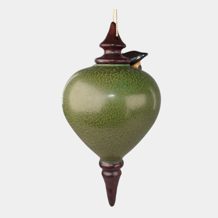 Ephraim Faience Hand Made Pottery Leaf Green Ceramic Bee Christmas Ornament