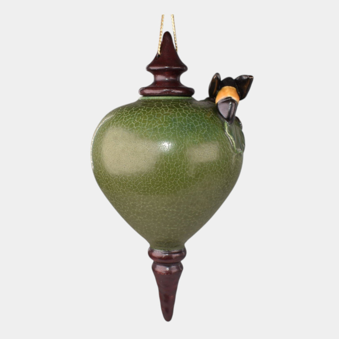 Ephraim Faience Hand Made Pottery Leaf Green Ceramic Bee Christmas Ornament