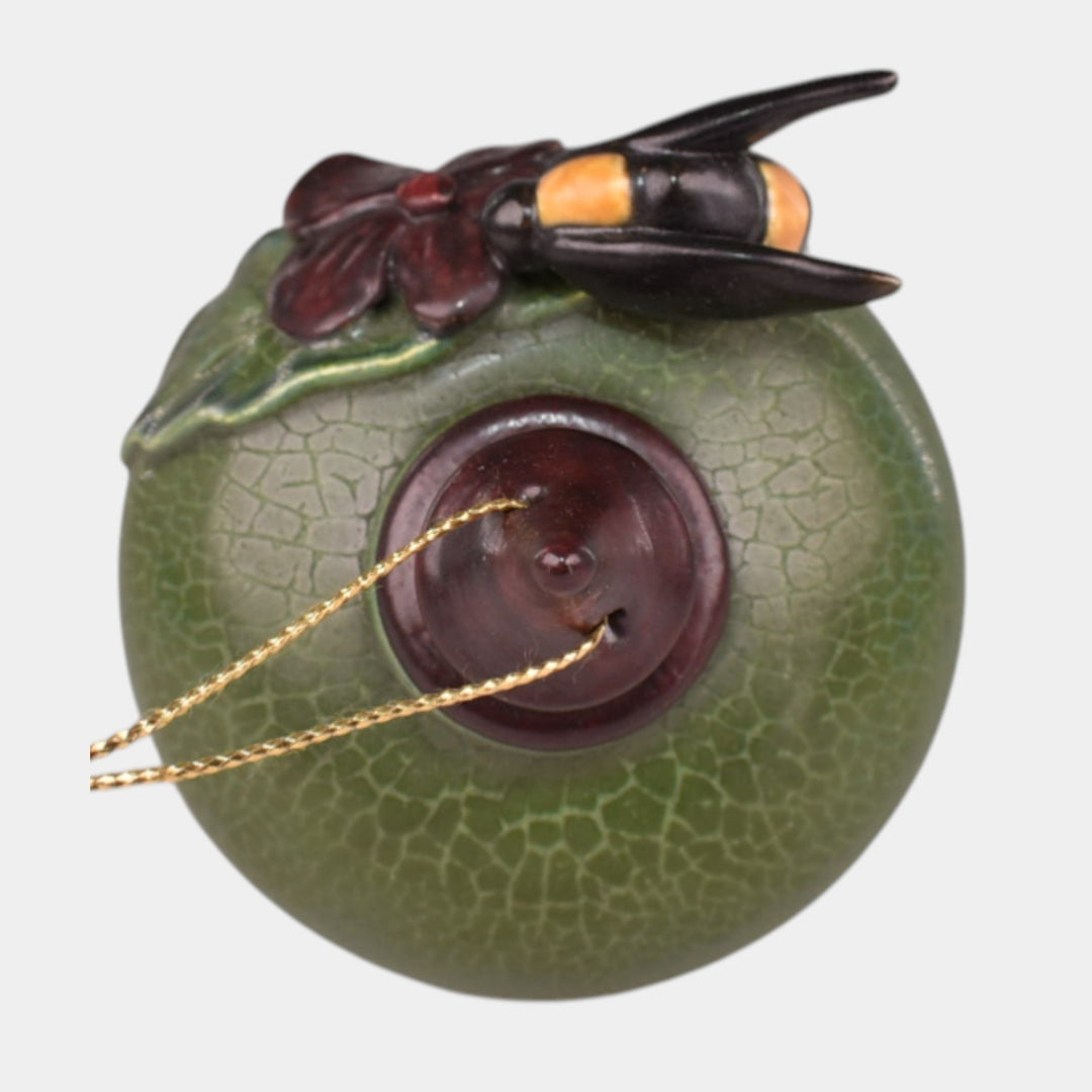 Ephraim Faience Hand Made Pottery Leaf Green Ceramic Bee Christmas Ornament