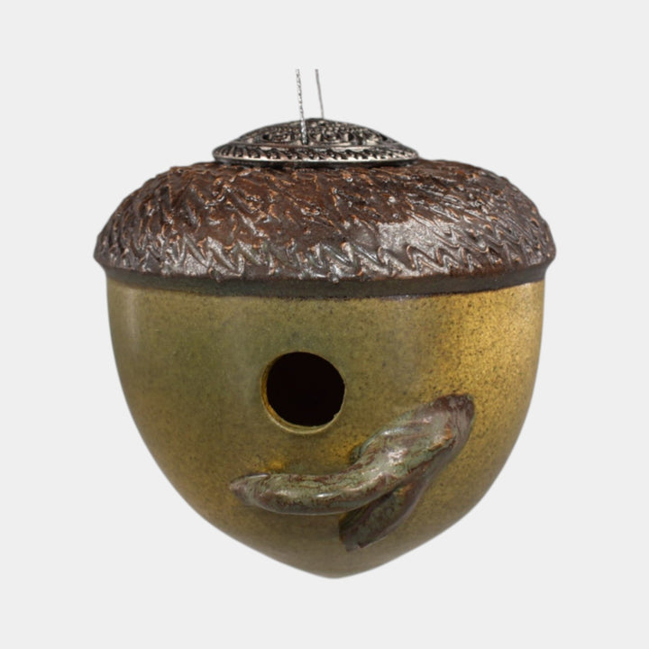 Ephraim Faience Hand Made Pottery Green Ceramic Acorn Bird House Ornament - Just Art Pottery