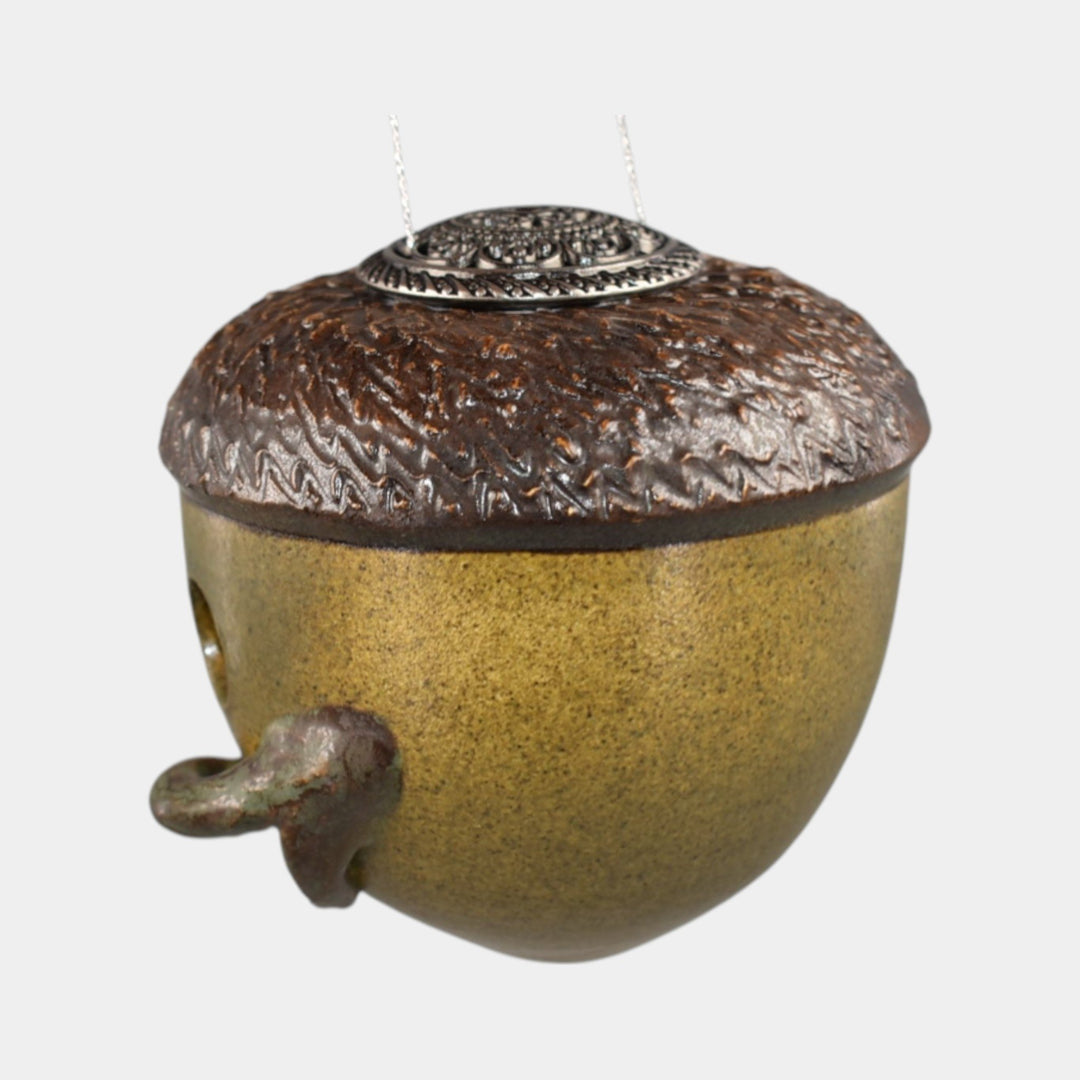 Ephraim Faience Hand Made Pottery Green Ceramic Acorn Bird House Ornament - Just Art Pottery