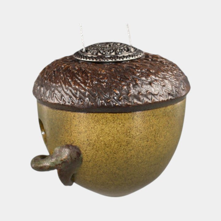 Ephraim Faience Hand Made Pottery Green Ceramic Acorn Bird House Ornament - Just Art Pottery