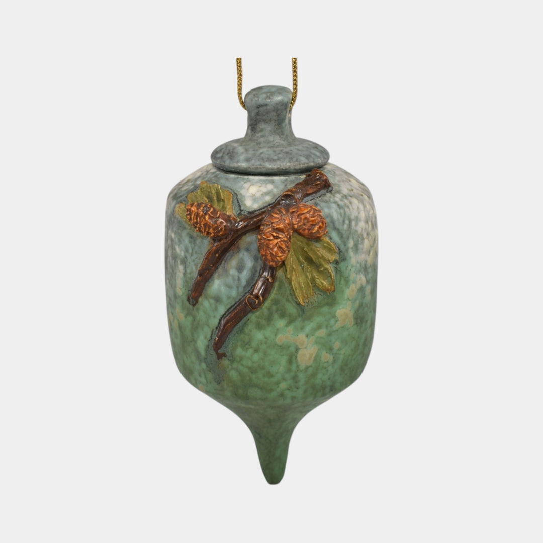 Ephraim Faience Hand Made Pottery Blue Green Snowy Pine Cristmas Ornament - Just Art Pottery