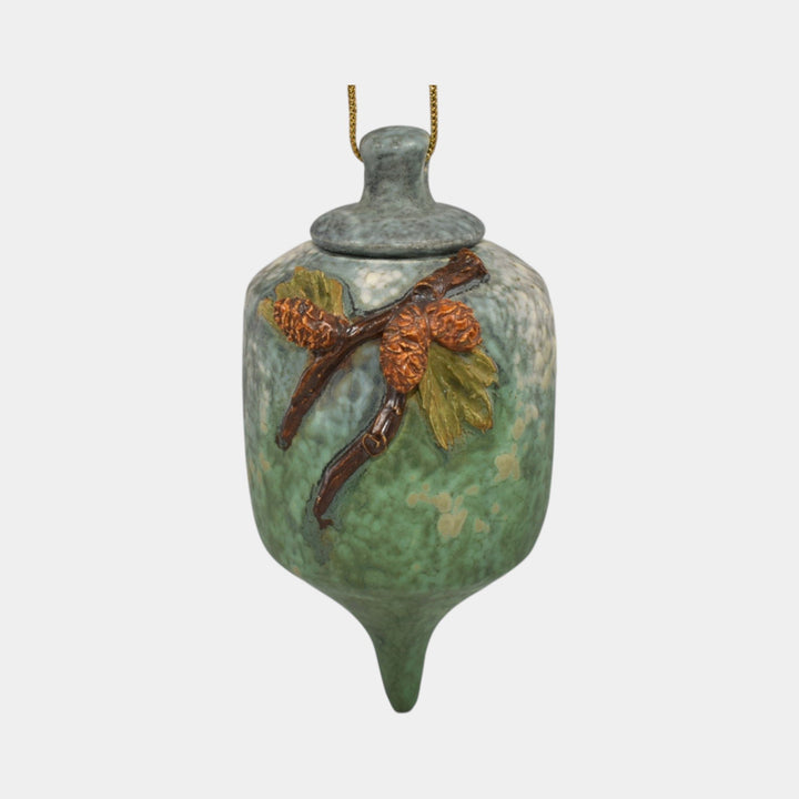 Ephraim Faience Hand Made Pottery Blue Green Snowy Pine Cristmas Ornament - Just Art Pottery