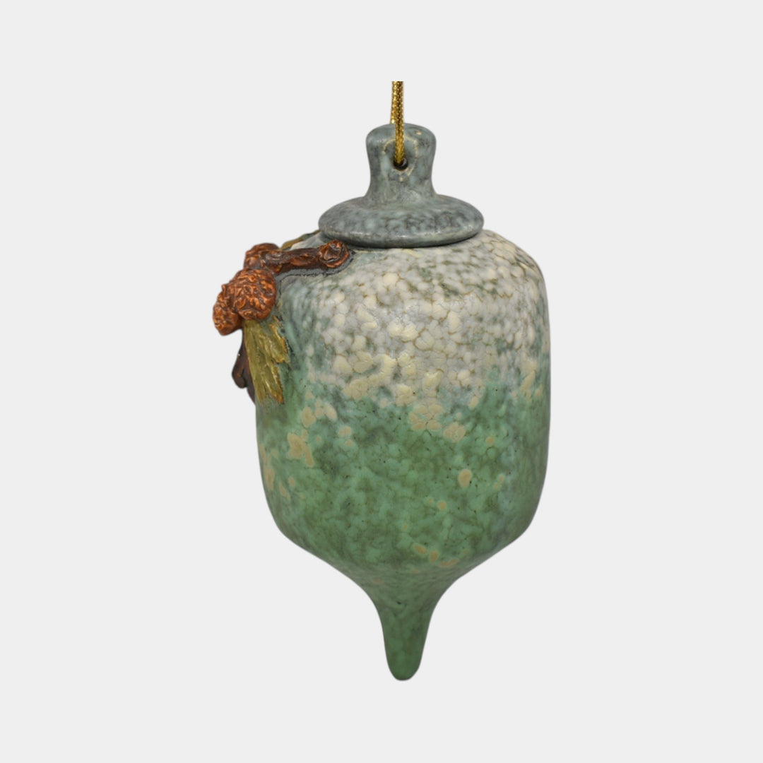 Ephraim Faience Hand Made Pottery Blue Green Snowy Pine Cristmas Ornament - Just Art Pottery