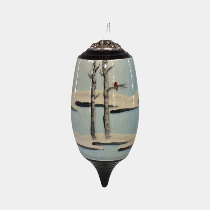 Ephraim Faience Pottery Cardinal Snowy Birch Scenic Vellum Christmas Ornament - Just Art Pottery