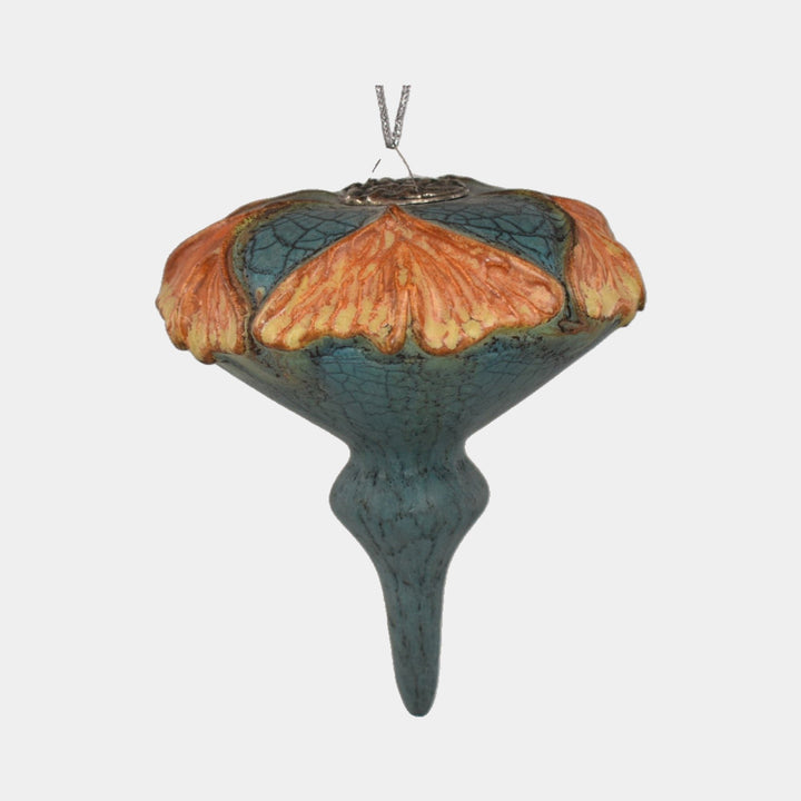 Ephraim Faience Hand Made Pottery Orange Ginkgo Blue Ceramic Christmas Ornament