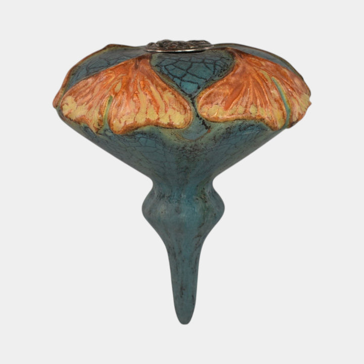 Ephraim Faience Hand Made Pottery Orange Ginkgo Blue Ceramic Christmas Ornament