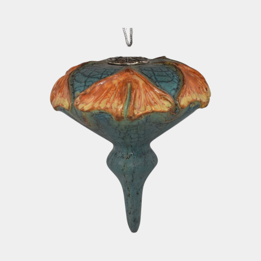 Ephraim Faience Hand Made Pottery Orange Ginkgo Blue Ceramic Christmas Ornament