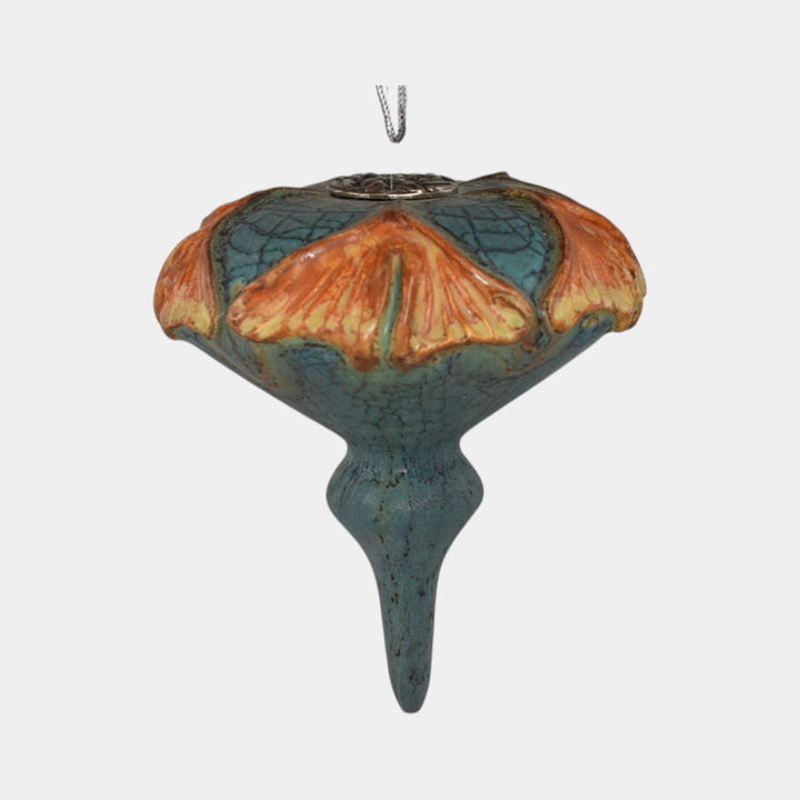 Ephraim Faience Hand Made Pottery Orange Ginkgo Blue Ceramic Christmas Ornament