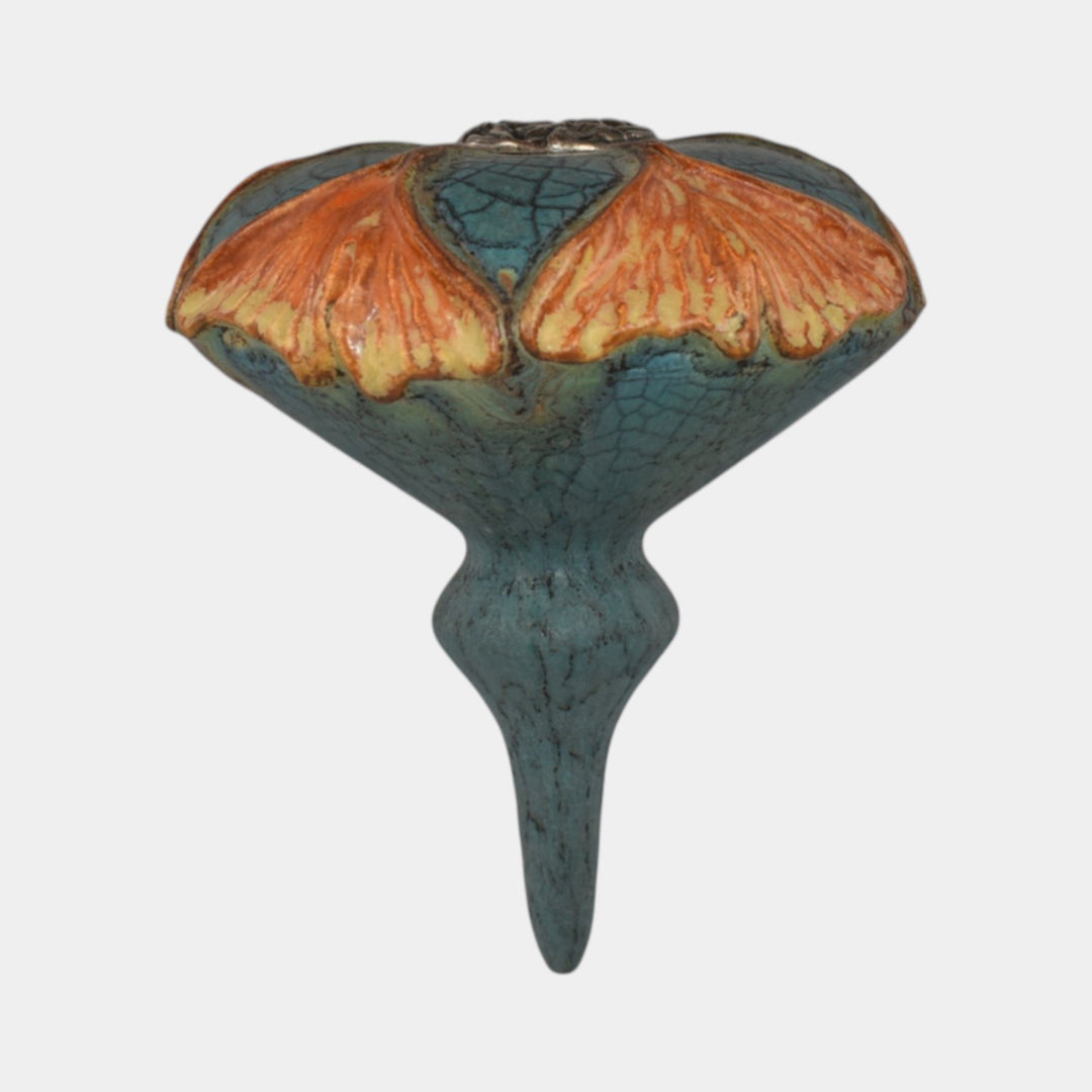Ephraim Faience Hand Made Pottery Orange Ginkgo Blue Ceramic Christmas Ornament