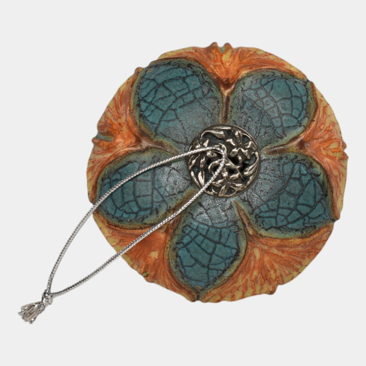 Ephraim Faience Hand Made Pottery Orange Ginkgo Blue Ceramic Christmas Ornament