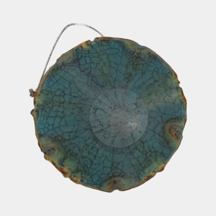 Ephraim Faience Hand Made Pottery Orange Ginkgo Blue Ceramic Christmas Ornament