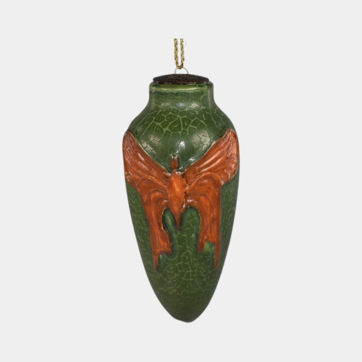 Ephraim Faience Pottery Orange Moth Green Ceramic Christmas Ornament - Just Art Pottery