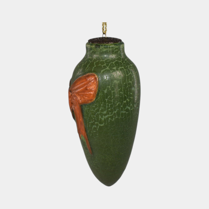 Ephraim Faience Pottery Orange Moth Green Ceramic Christmas Ornament - Just Art Pottery