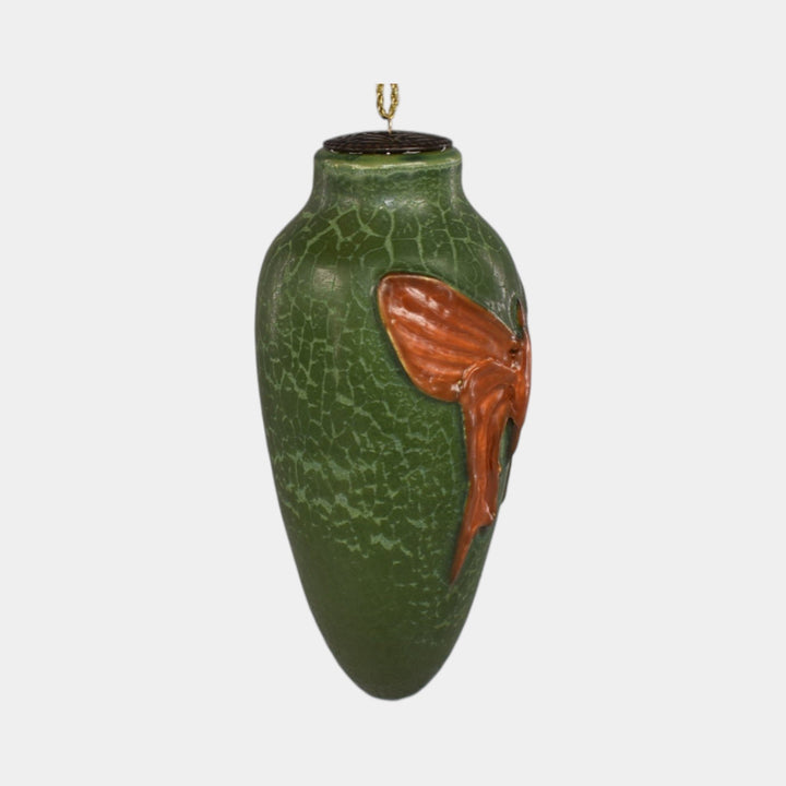 Ephraim Faience Pottery Orange Moth Green Ceramic Christmas Ornament - Just Art Pottery
