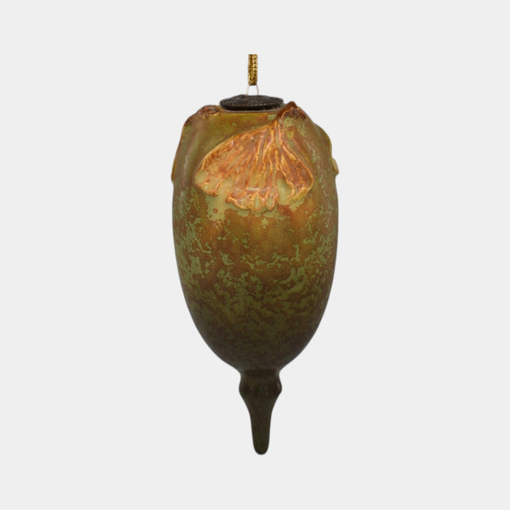 Ephraim Faience Pottery Orange Ginkgo Leaf Olive Ceramic Christmas Ornament - Just Art Pottery