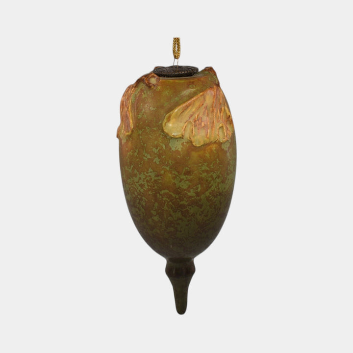 Ephraim Faience Pottery Orange Ginkgo Leaf Olive Ceramic Christmas Ornament - Just Art Pottery