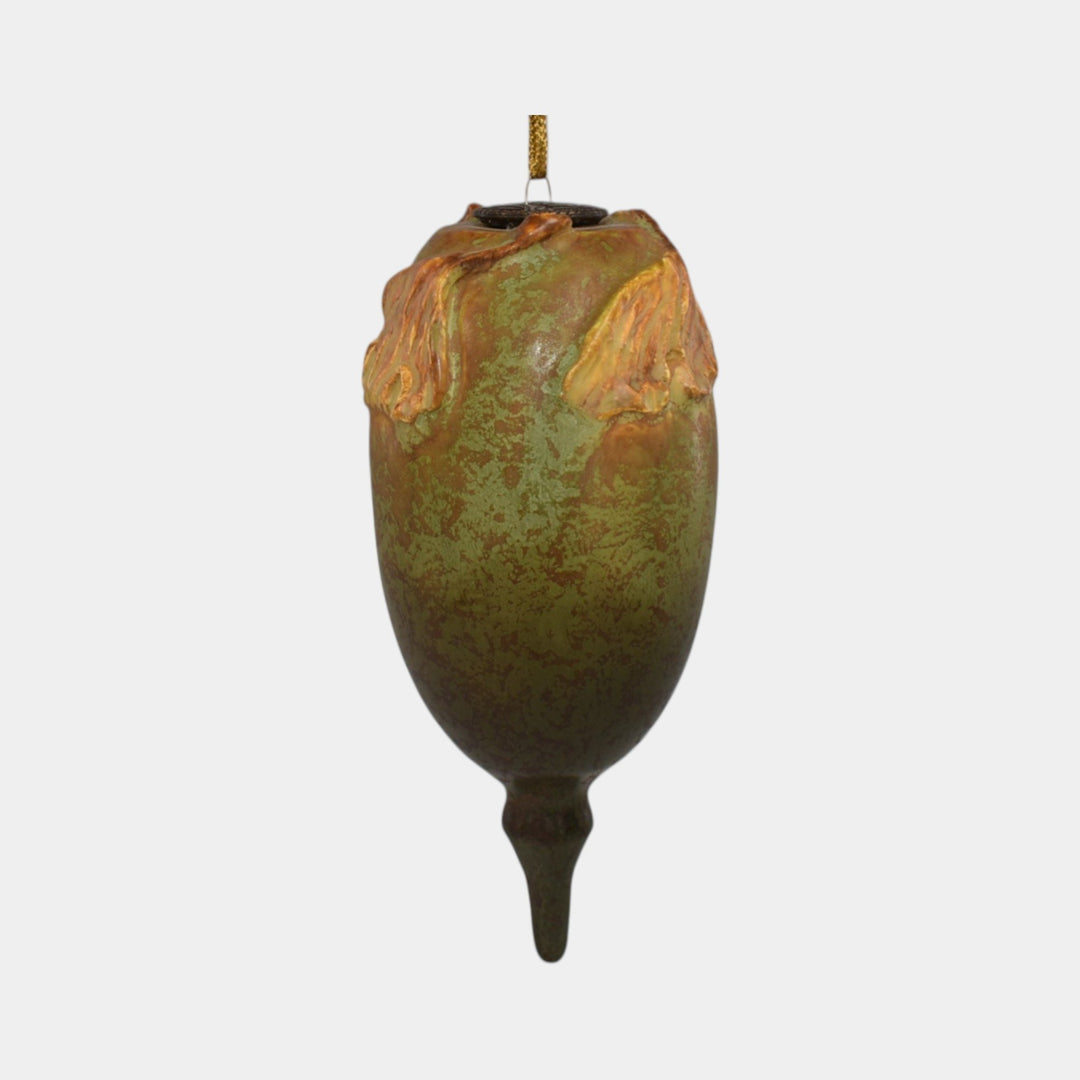 Ephraim Faience Pottery Orange Ginkgo Leaf Olive Ceramic Christmas Ornament - Just Art Pottery