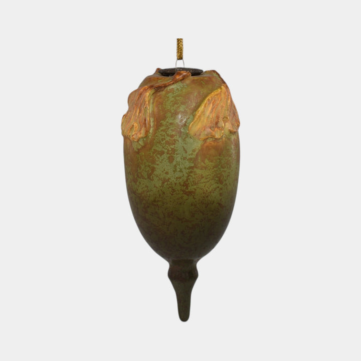 Ephraim Faience Pottery Orange Ginkgo Leaf Olive Ceramic Christmas Ornament - Just Art Pottery