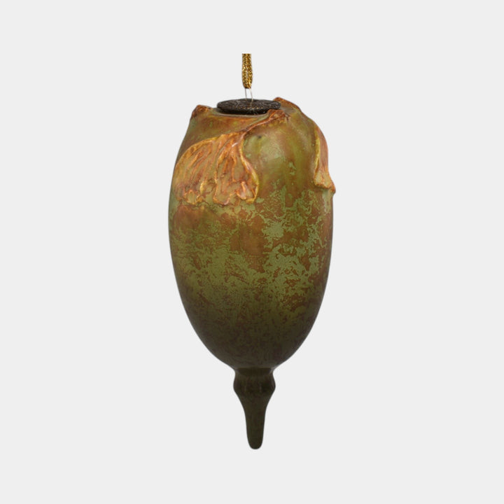 Ephraim Faience Pottery Orange Ginkgo Leaf Olive Ceramic Christmas Ornament - Just Art Pottery